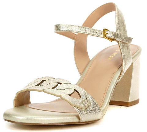 Cole Haan Josie Gold Leather Squared Open Toe Ankle Strap Heeled Sandals