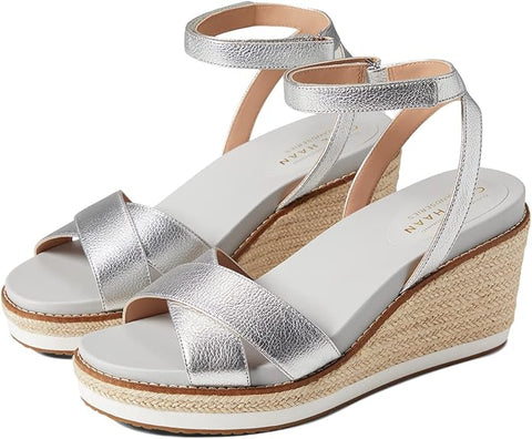 Cole Haan Cloudfeel Silver Open Toe Ankle Strap Wedge Heeled Espadrille Sandals