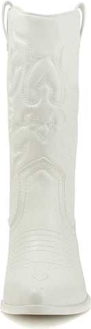 Soda Reno All-White Pu Western Cowboy Pointed Toe Knee High Pull On Tabs Boots (8.5, White)