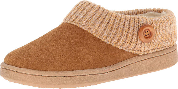 Clarks Womens Slipper Suede Leather Knitted Collar Clog Slippers - Plush Faux Fur Lining