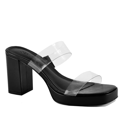 Schutz Platform Black Open Toe Translucent Straps Block High Heel Sandal