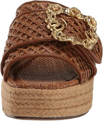 Sam Edelman Celia Cuoio Raffia Slip On Squared Open Toe Wedge Heeled Sandals