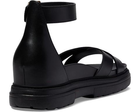 Cole Haan Fraya Black Leather Ankle Strap Open Rounded Toe Chunky Heel Sandals