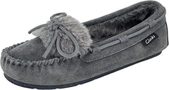 Clarks Holly Grey Cream Indoor Outdoor Faux Fur Rounded Closed Toe Slippers