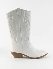 Soda Reno White/Beige Pu Western Cowboy Stitched Pointed Toe Ankle Fashion Boots