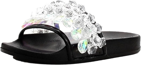 Cape Robbin Moira-63 Black Crystal Embellished Open Toe Slides Sandals Mules