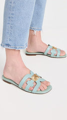 Sam Edelman Bay Tide Blue Slide Mule Open-Toe Slip-On Leather Flats Sandals