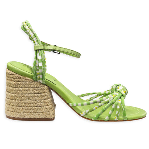 Schutz Dahra Green Fabric Knotted Multi Straps Buckle Ankle Block Heel Sandals