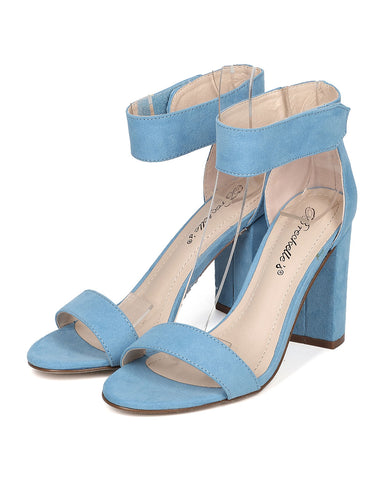 Breckelles Aniston 12 Blue Faux Suede Open Toe Ankle Strap Block Heeled Sandals