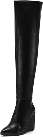 Jessica Simpson Cassida Black Leather Pointed Over Knee Thigh High Wedge Boots