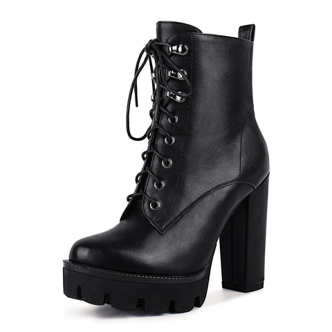 wetkiss Platform Boots for Women, Heeled Combat Boots Chunky Heel Booties Round Toe Lace Up High Heel Ankle Boots