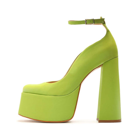 Schutz Renee Green Faux Leather Square Toe Buckle Ankle Strap Block Heel Pumps