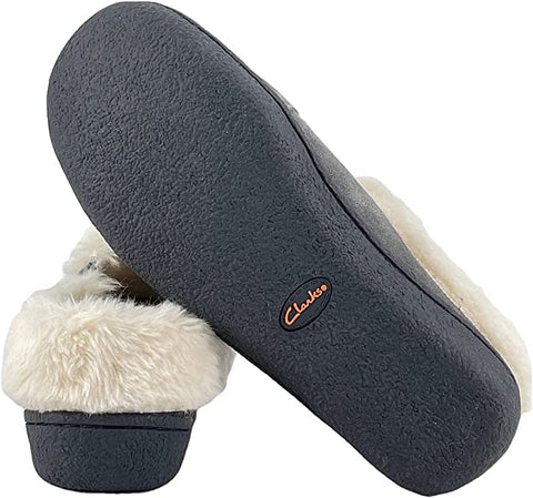 Clarks Grey Suede Leather Faux Fur Lined Comfortable Round Toe Ankle Slippers