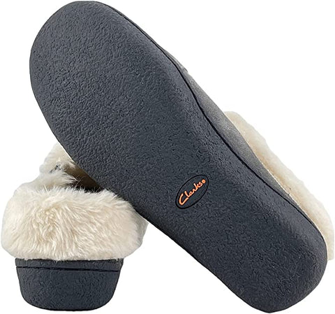 Clarks Womens Suede Leather Slipper with Gore and Bungee JMH2213 - Warm Plush Faux Fur Lining - Indoor Outdoor House Slippers For Women