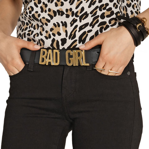 Moschino's leather 'Bad Girl' Leather Waist Belt Black Leather Gold Buckle