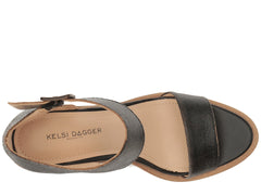 Kelsi Dagger Mayfair Black Leather Open Rounded Toe Ankle Strap Dress Sandals