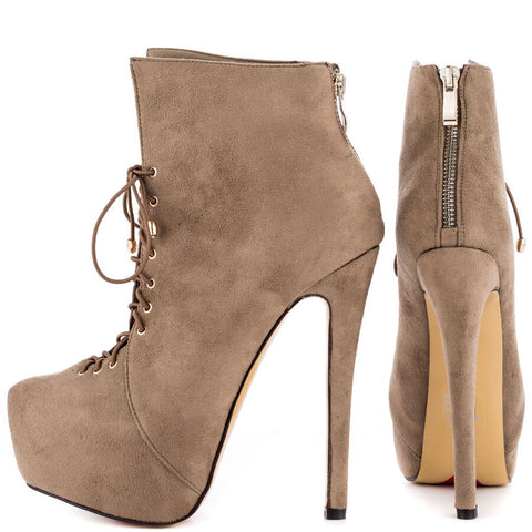 Luichiny Women's Taupe Rose Anna Suede Pointed Toe High Heel Platform Booties