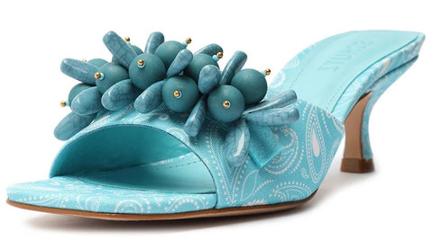 Schutz Dethalia River Aqua Slip On Kitten Heel Open Toe Embellished Sandals