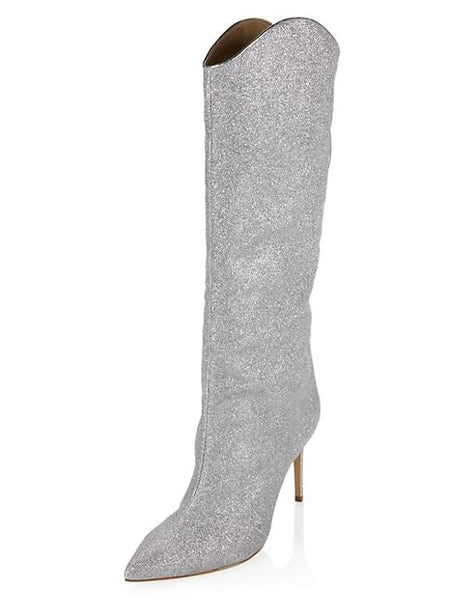 Schutz Maryana Glow Metallic Silver Pointed Toe Mid Stiletto Heel High Knee Boot