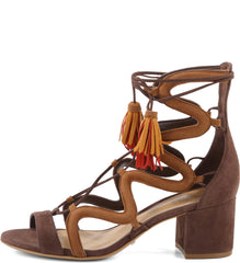 Schutz Ryder Cocoa Brown Suede Mid Block Heeled Lace-Up Sandals Tassel Laces