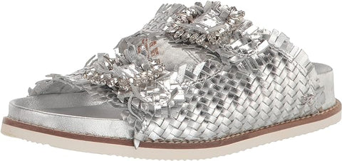 Sam Edelman Oaklyn Soft Silver Woven Leather Buckle Embellished Strap Sandals