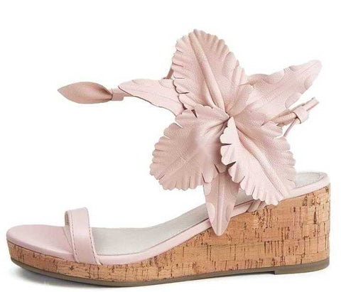 Cecelia New York Lala Pale Pink Cork Flower Tie Up Open Toe Heel Wedge Sandals