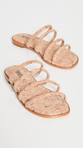 Schutz Cari Natural Slip On Open Toe Strappy Square-Toe Silhouette Flat Sandals