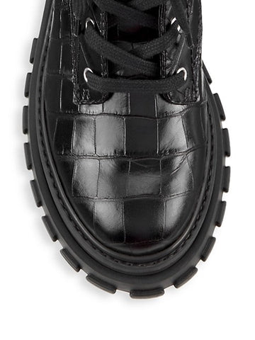 Schutz Black Croc Embossed Lace Up Round Toe Platform Combat Ankle Boots