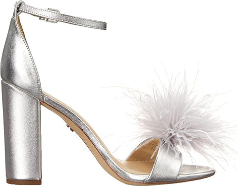 Sam Edelman Yaro Soft Silver Feather Ankle Strap Open Toe Block Heeled Sandals