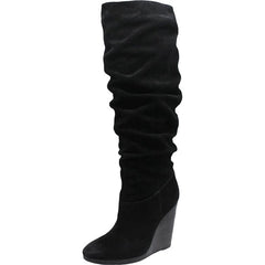 Charles David Helsinki Black Slouched Knee High Suede Wood Platform Wedge Boots