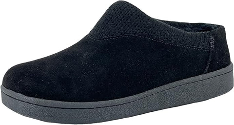 Clarks JMH2175 Black Suede Leather Knitted Collar Clog Plush Faux Fur Lining Slippers