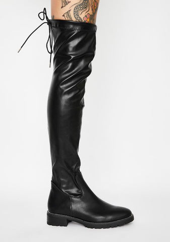 Azalea Wang Uptown Black Vegan Leather Thigh High Stretch Tie Back Fitted Boots