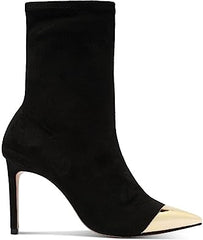 Schutz Luh Black Stretch Suede Gold Pointed Toe Stiletto Heel Fitted Ankle Boots