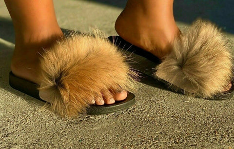 Liliana Nomi-17 Tan Luxury Real Raccon Fur Slippers Slides Flat Soles Mule
