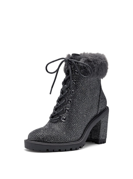 Jessica Simpson Deliah Pewter Rhinestone Fur Cuff Block Heel Combat Booties