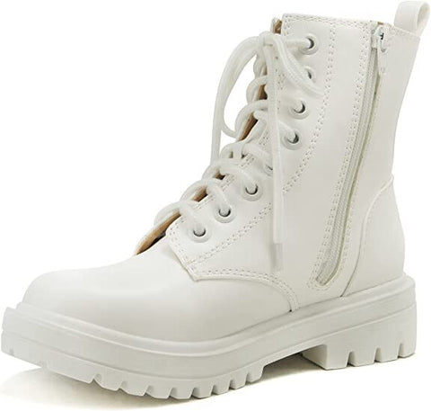 Soda Firm All White Lace Up Rounded Toe Chunky Platform Combat Ankle Wide Boots