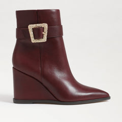 Sam Edelman Weslie Burgundy Wedge Heeled Almond Toe Buckle Detailed Booties