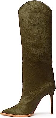 Schutz Maryana Welt Wild Military Green Pull On Pointed Toe High Heel Tall Boots