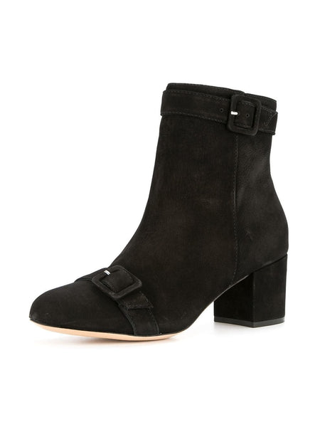 Schutz Sabrini Black Leather Round Toe Low Block Heel Buckle Ankle Booties