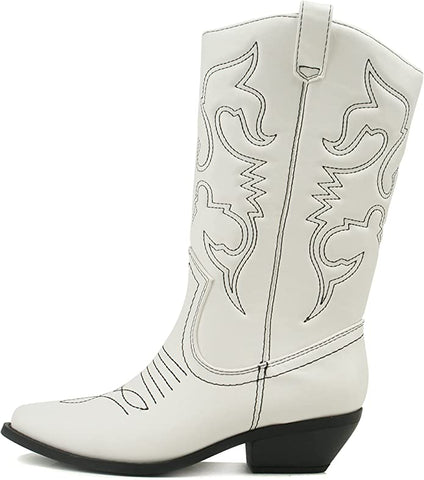 Soda Reno White/Black Pu Western Cowboy Stitched Pointed Toe Fashion Boots