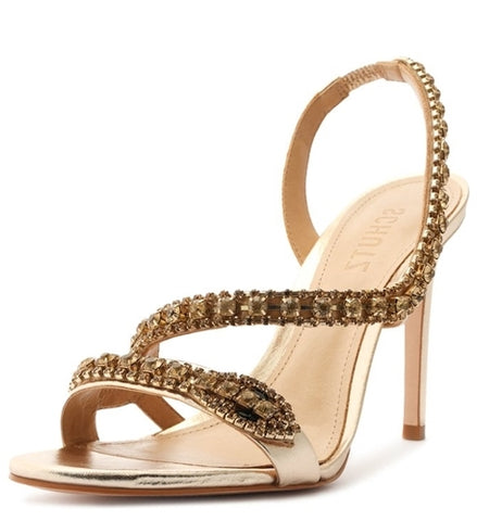 Schutz Court Gold Metallic Crystal Studs Pull On Open Toe Stiletto Heel Sandals