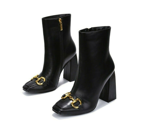 Cape Robbin SICILY Square Toe Chain Bit Buckle Block Block Heel Ankle Bootie