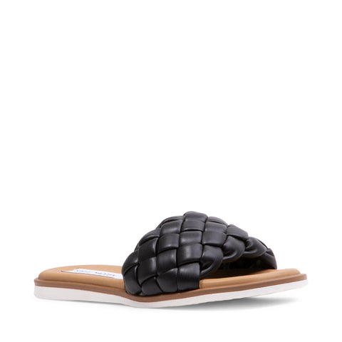 Steve Madden Paislee Flat Slide Mule Sandal Black Woven Leather Open Toe Sandals