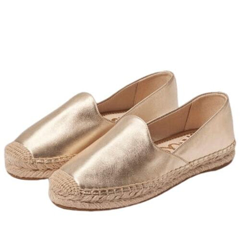 Sam Edelman Kenley Gold Leather Rounded Toe Slip On Espadrilles Classic Flats