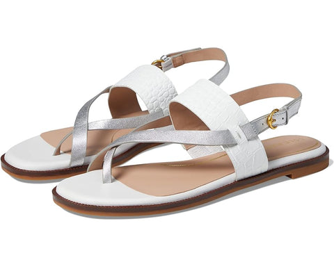 Cole Haan Anica Silver/Optic White Crocodile Leather Ankle Strap Flats Sandals