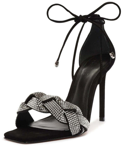 Schutz Alissa Black Lace Up Braided Embellished Upper Stiletto Heeled Sandals