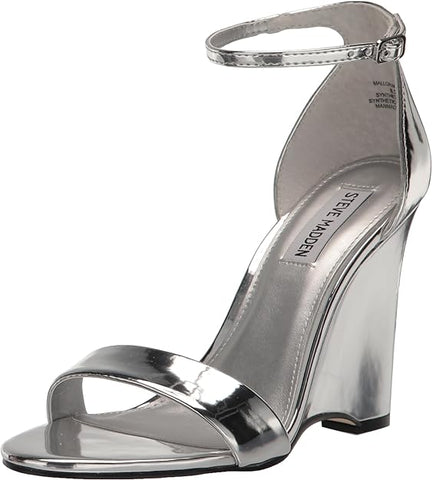 Steve Madden Mallor Silver Ankle Strap Rounded Open Toe Wedge Heeled Sandals