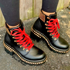 Cape Robbin Nia Platform Ankle Moto Combat Boots Black Red Lace Gold Stud