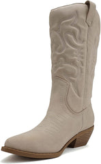 Soda Reno Sand Nubuck Pull On Tabs Pointed Toe Stitched Western Knee High Boots