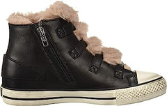Ash Valko Black Ash Rose Fur Lined Buckle Strap High Top Sneakers Ankle Booties